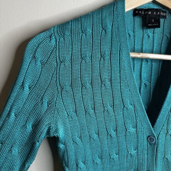 RALPH Lauren Black Label 100% silk Green Blue Cable Knit V Neck Cardigan Small - Picture 4 of 13